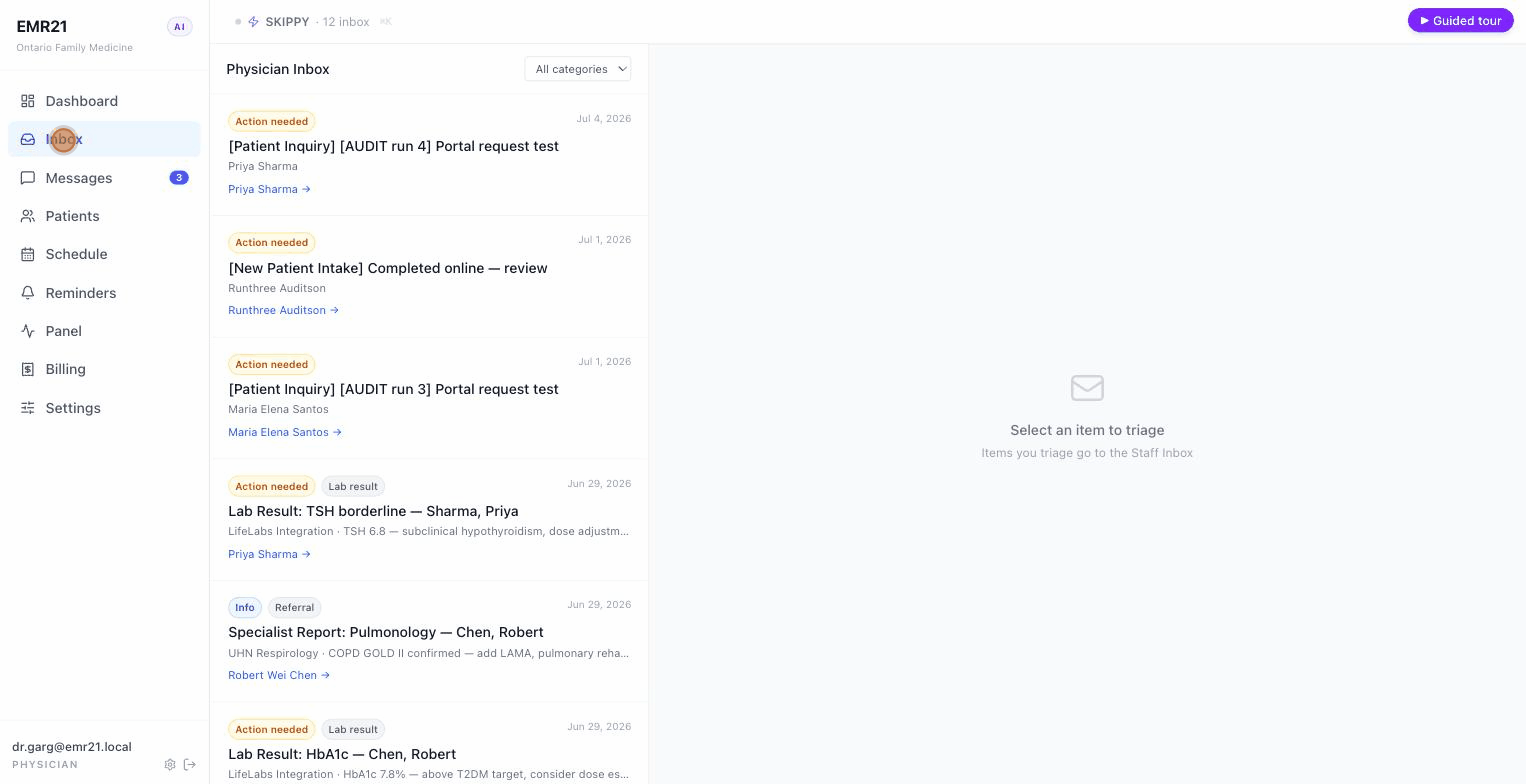 AI-triaged physician inbox showing results sorted by urgency