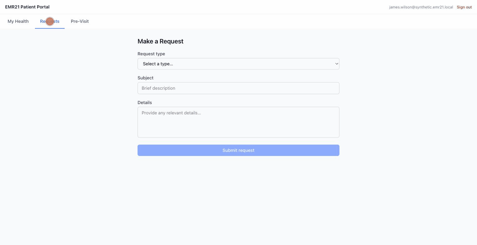Patient portal — My Health, requests, and pre-visit questionnaire