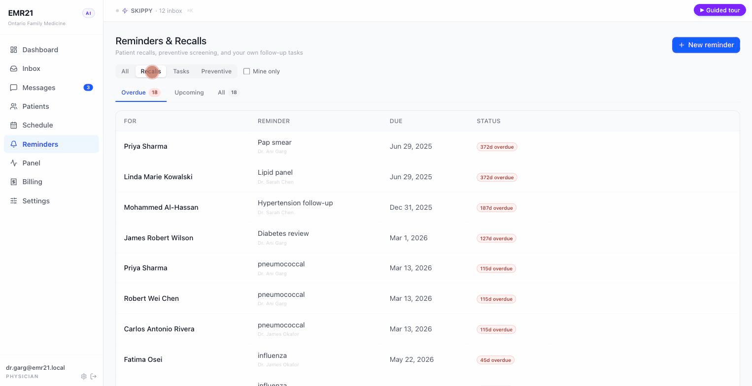 Unified Reminders and Recalls worklist with category and provider filters